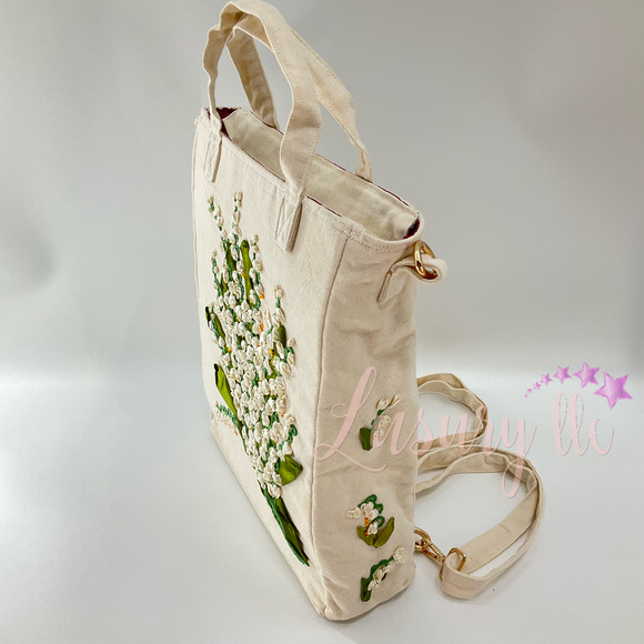 Lily Of The Valey Embroidery Convertible Backpack Tote Crossbody Bag, White main image 7